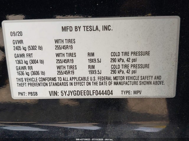 2020 TESLA MODEL Y 5YJYGDEE0LF044404 Photo 8
