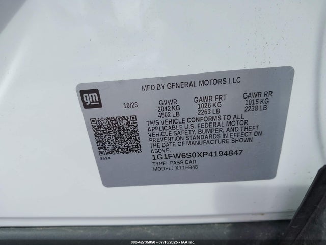 42735850 :رقم المزاد ، 1G1FW6S0XP4194847 vin ، 2023 Chevrolet Bolt Ev Fwd 1lt مزاد بيع