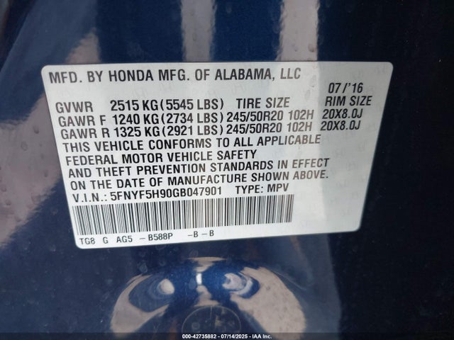 5FNYF5H90GB047901 Honda j35y6
