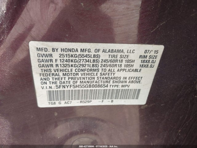Honda j35y6 2016 5FNYF5H55GB008654 Image 9