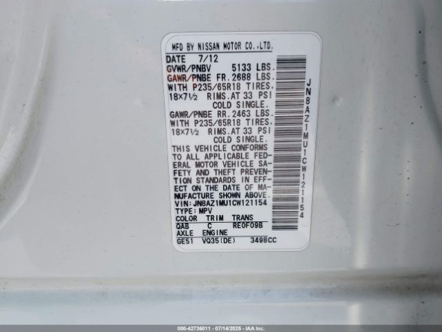 2012 NISSAN MURANO JN8AZ1MU1CW121154 Photo 8