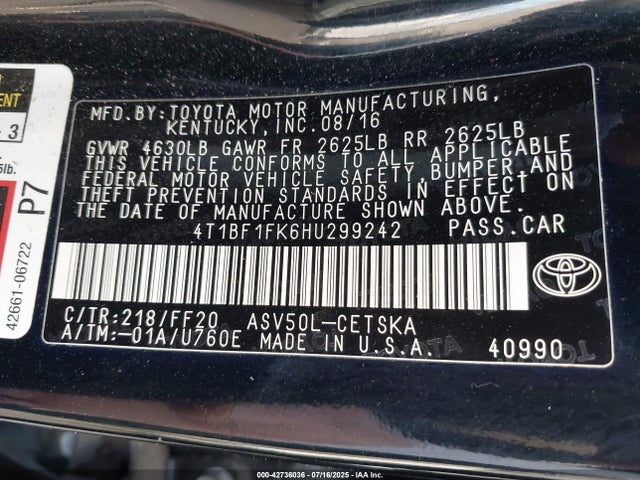 4T1BF1FK6HU299242 Toyota 2ar-fe