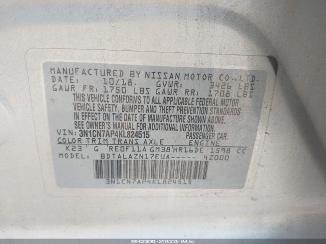 3N1CN7AP4KL824515 Nissan Versa
