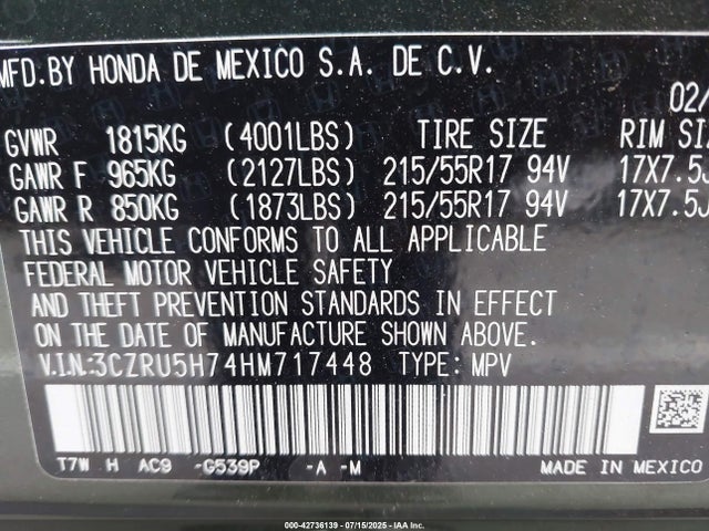3CZRU5H74HM717448 Honda r18z9