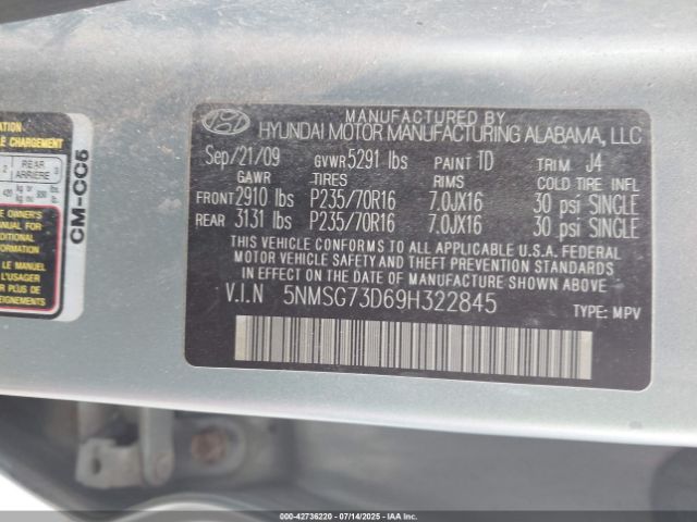 2009 HYUNDAI SANTA FE 5NMSG73D69H322845 Photo 8