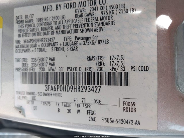 Ford Fusion 2017 3FA6P0HD9HR293427 Image 9