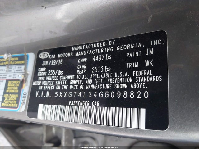 5XXGT4L34GG098820 KIA t-gdi theta ii