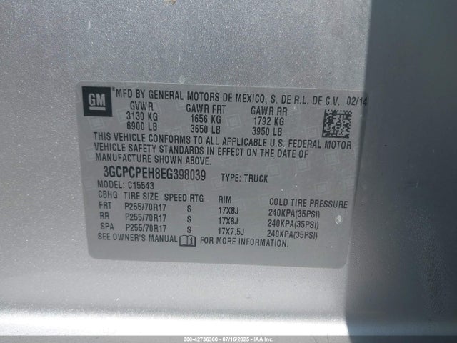 3GCPCPEH8EG398039 Chevrolet lv3 - vvt, aluminum, e85 max