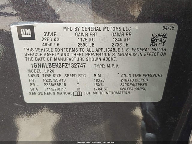 1GNALBEK3FZ132747 Chevrolet lea - flex fuel (gas/alc), aluminum, ho,