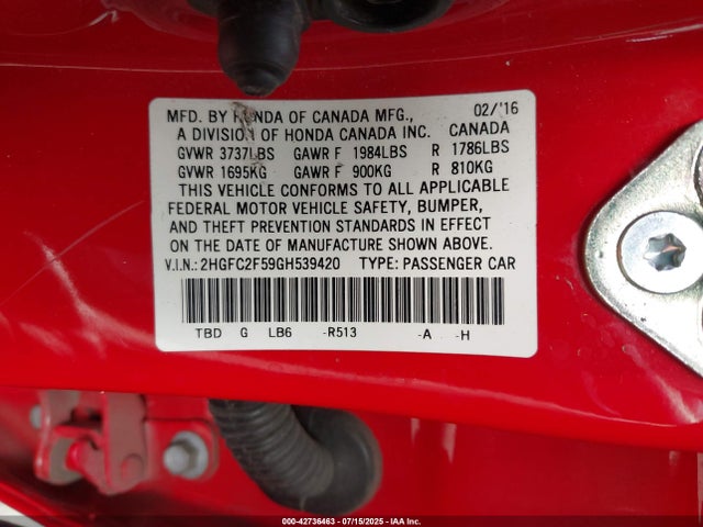 Honda Civic Lx 2016 2HGFC2F59GH539420 Image 9