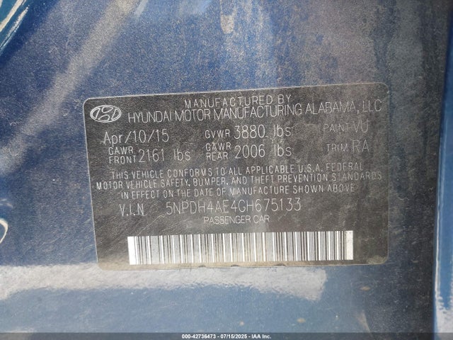 5NPDH4AE4GH675133 Hyundai dohc mpi nu