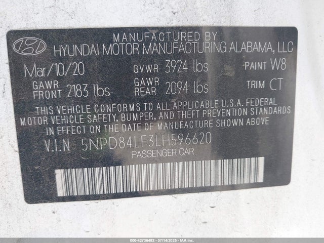 5NPD84LF3LH596620 Hyundai mpi nu