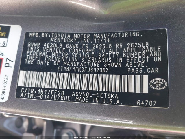Toyota 2ar-fe 2015 4T1BF1FK3FU892067 Image 9