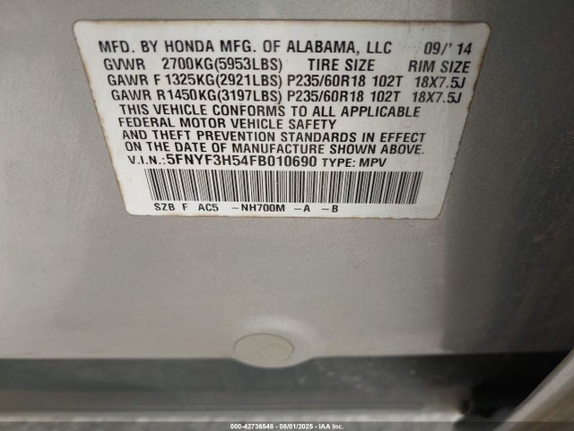 Honda j35z4 2015 5FNYF3H54FB010690 Image 9