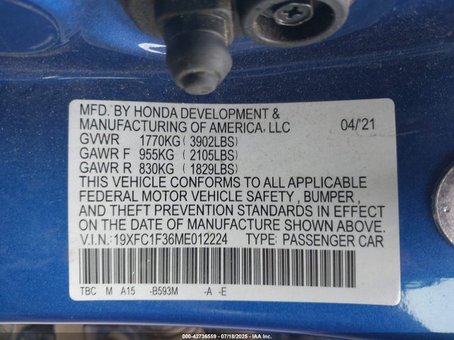19XFC1F36ME012224 Honda l15b7
