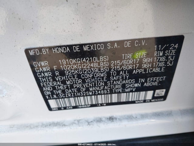 3CZRZ1H32SM734893 Honda k20z5