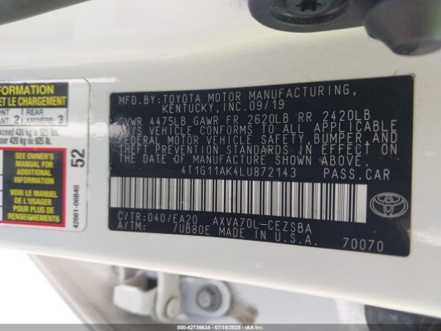 2020 TOYOTA CAMRY 4T1G11AK4LU872143 Photo 8