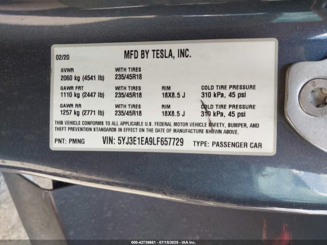Tesla 2020 2020 5YJ3E1EA9LF657729 Image 9