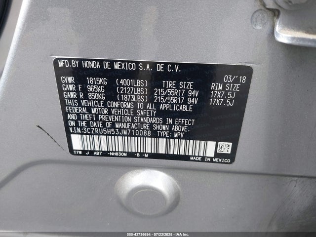 3CZRU5H53JM710088 Honda r18z9