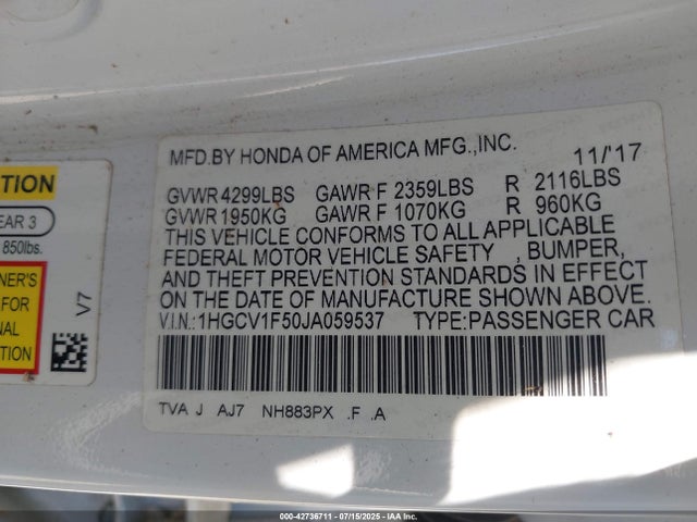 Honda l15be 2018 1HGCV1F50JA059537 Image 9