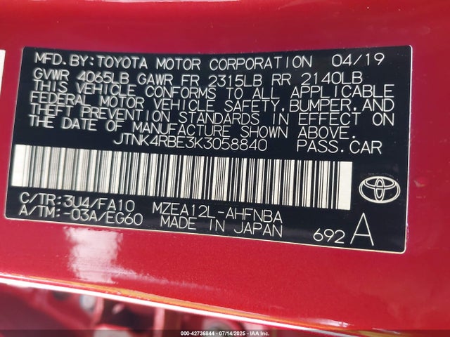 JTNK4RBE3K3058840 Toyota m20a-fks