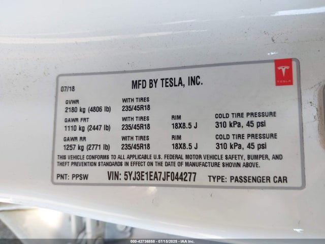 2018 TESLA MODEL 3 5YJ3E1EA7JF044277 Photo 8