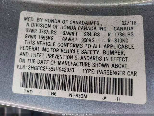 Honda k20c2 2018 2HGFC2F55JH542953 Image 9