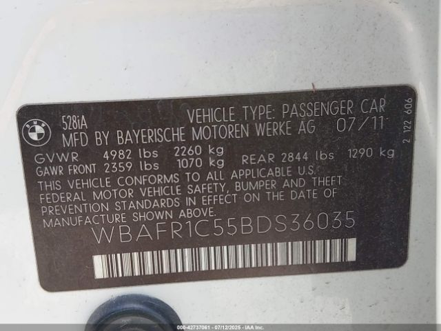 2011 BMW 528I WBAFR1C55BDS36035 Photo 8