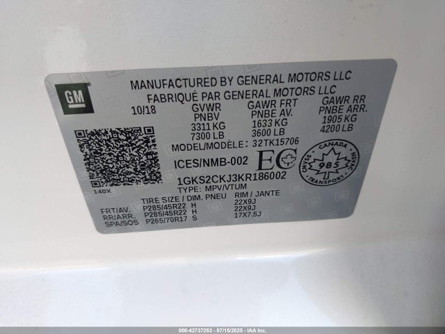GMC l86 - spark ignited direct injection, variable valve timing, afm, e85max, alum 2019 1GKS2CKJ3KR186002 Image 9