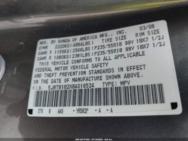 2008 ACURA RDX 5J8TB182X8A016524 Photo 8