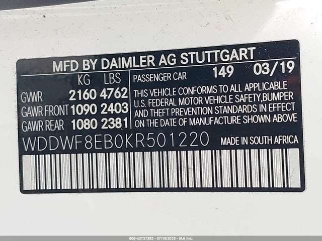 Mercedes-Benz m264 2019 WDDWF8EB0KR501220 Image 9