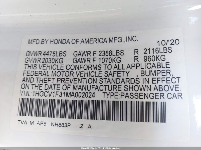 1HGCV1F31MA002024 Honda l15be