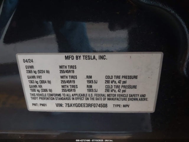 2024 TESLA MODEL Y 7SAYGDEE3RF074508 Photo 8