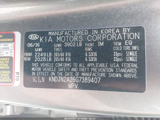 KNDJN2A26G7389407 KIA gdi gamma