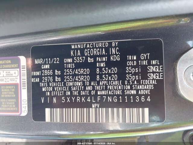 5XYRK4LF7NG111364 KIA t-gdi theta-iii