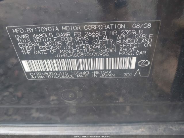 2009 LEXUS ES 350 JTHBJ46G892275956 Photo 8