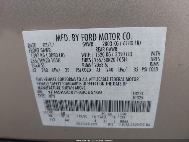 1FM5K8D87HGC65169 Ford 3.5l ti-vct