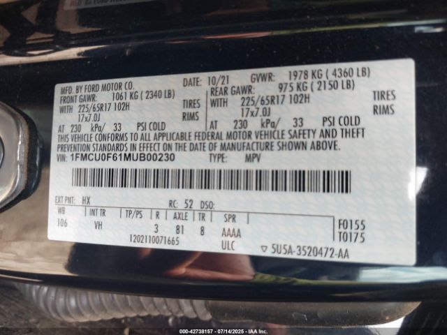 2021 FORD ESCAPE 1FMCU0F61MUB00230 Photo 8