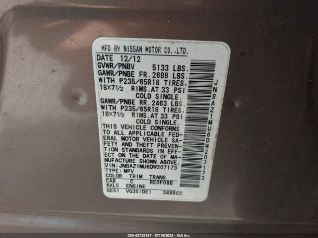 2013 NISSAN MURANO JN8AZ1MU6DW207173 Photo 8
