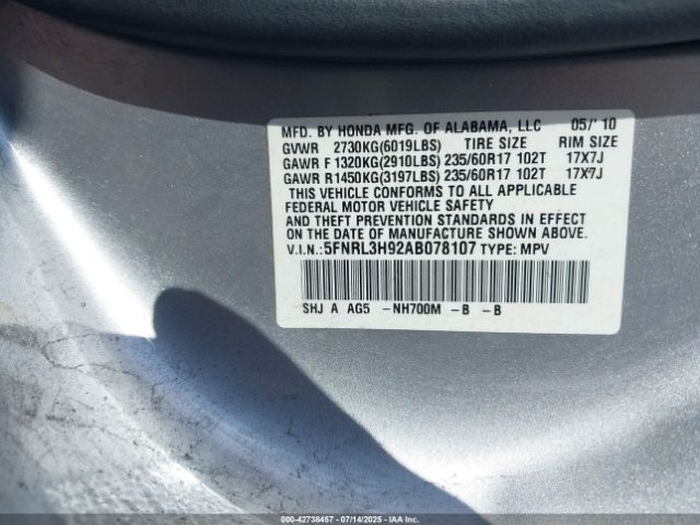 2010 HONDA ODYSSEY 5FNRL3H92AB078107 Photo 8