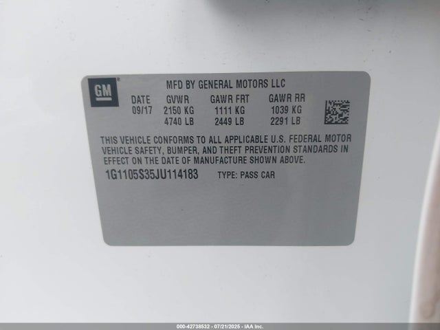 1G1105S35JU114183 Chevrolet lfx - spark ignited direct injection, vvt, e85 max, alum