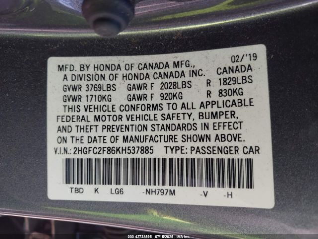 2019 HONDA CIVIC 2HGFC2F86KH537885 Photo 8