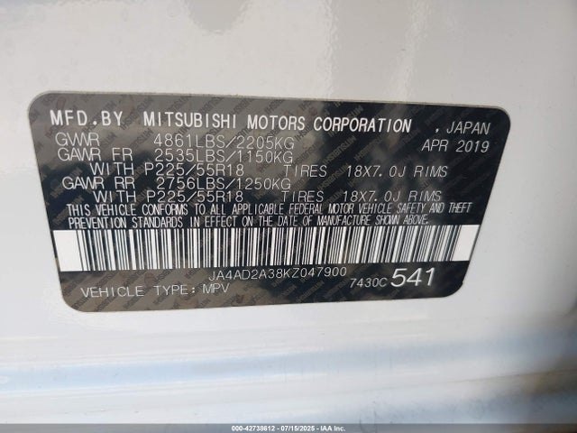 Mitsubishi mivec 2019 JA4AD2A38KZ047900 Image 9