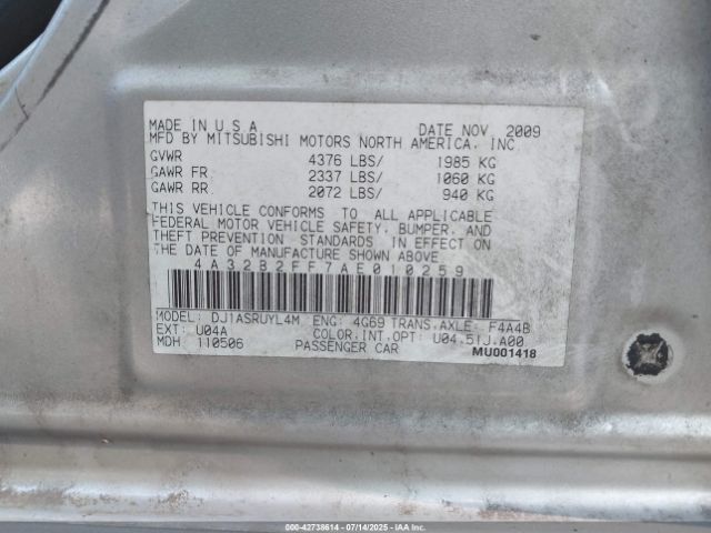 2010 MITSUBISHI GALANT 4A32B2FF7AE010259 Photo 8