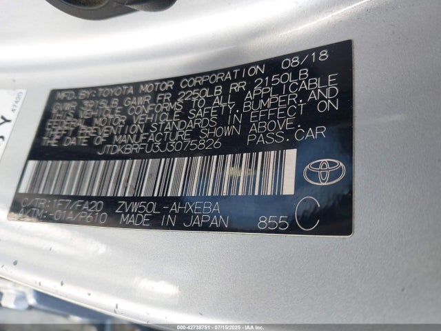 Toyota 2zr-fxe,1nm 2018 JTDKBRFU3J3075826 Image 9