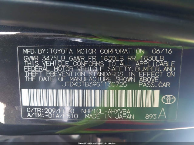 JTDKDTB39G1130725 Toyota 1nz-fxe+1lm
