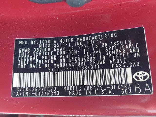 Toyota 2zr-fe 2017 5YFBURHE6HP684314 Image 9