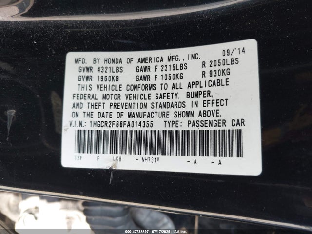Honda k24w1 2015 1HGCR2F86FA014355 Image 9