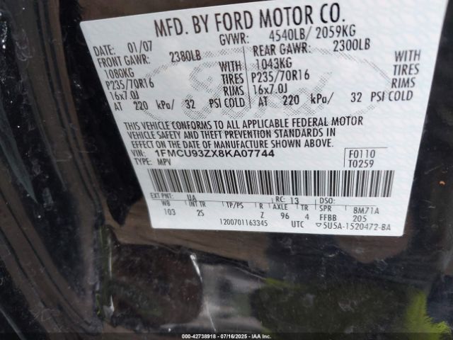 2008 FORD ESCAPE 1FMCU93ZX8KA07744 Photo 8