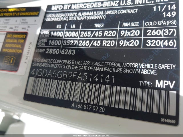 Mercedes-Benz Ml-Class 2015 4JGDA5GB9FA514141 Image 9